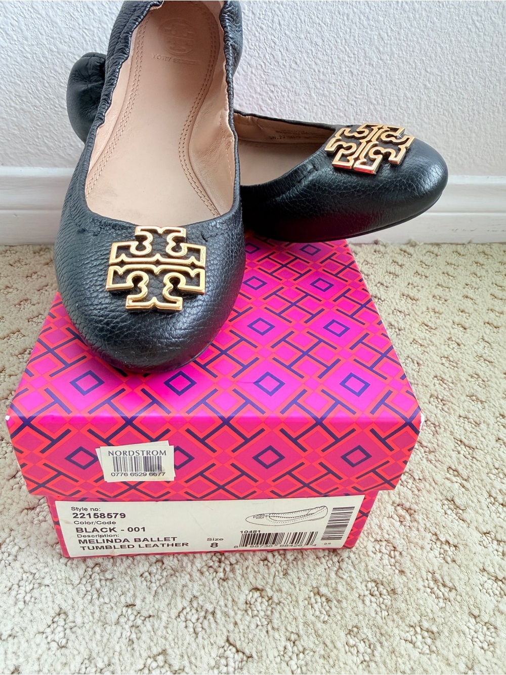Tory Burch Melinda Ballet Flats Womens Size 8 M Black Tumbled Leather Never Worn